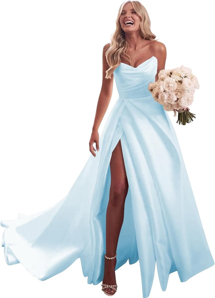 Strapless Satin Prom Wedding Dresses with Slit Long Pleats Formal Ball Bridal Gowns with Pockets