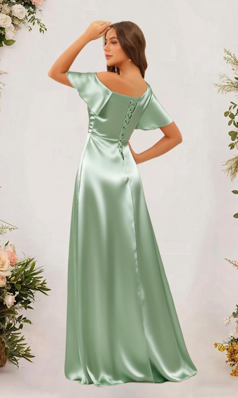 Short Sleeve Satin Bridesmaid Dresses for Women Ruffle One Shoulder Formal Evening Gowns with Slit