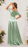 Short Sleeve Satin Bridesmaid Dresses for Women Ruffle One Shoulder Formal Evening Gowns with Slit