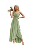 Spaghetti Strap Chiffon Bridesmaid Dresses for Women Long Ruched A-Line Cowl Neck Formal Evening Gowns with Slit