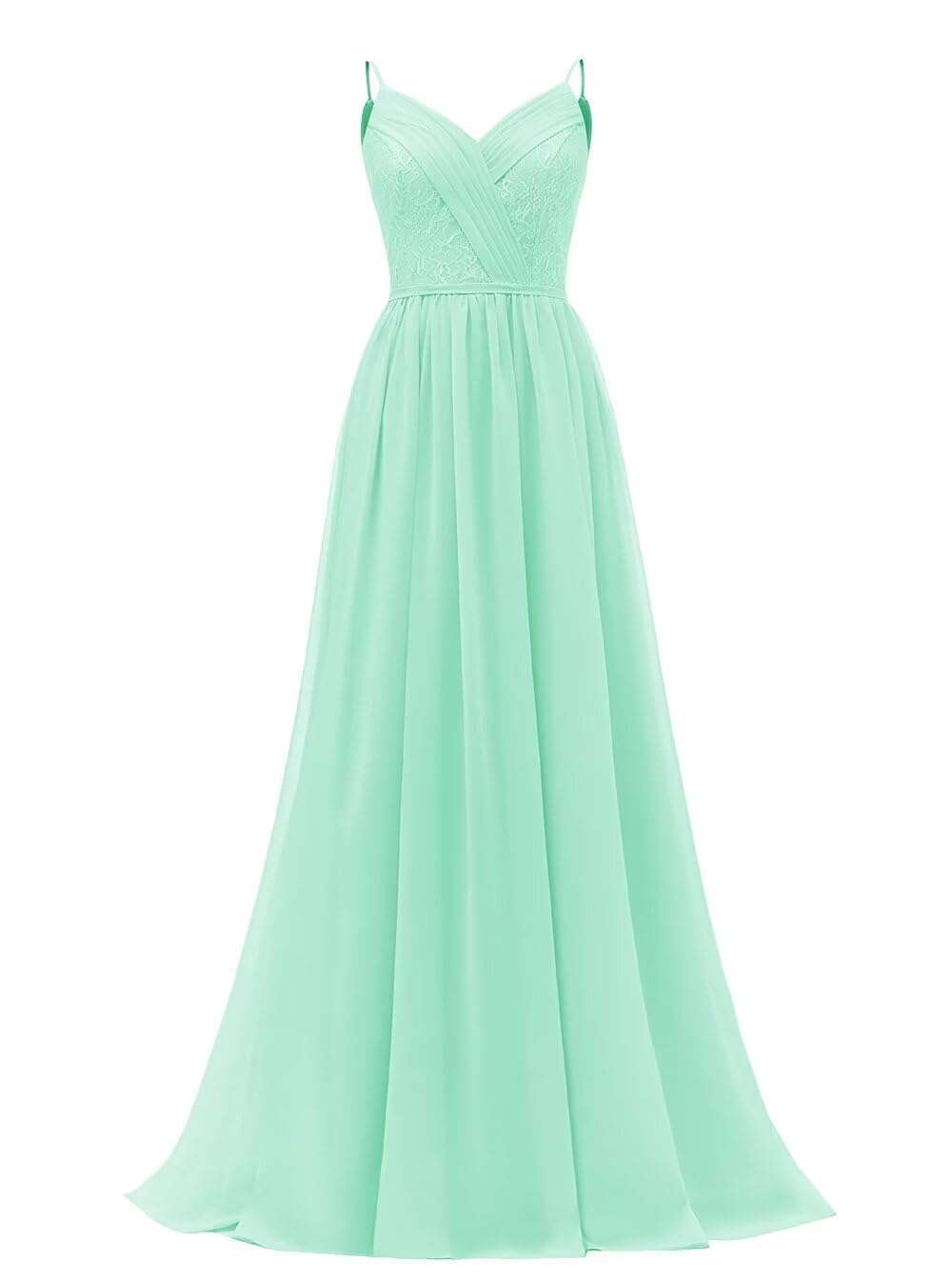 Women's Lace Chiffon Bridesmaid Dresses for Wedding Long Spaghetti Straps Bodice Formal Party Gown with Pockets