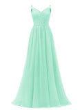 Women's Lace Chiffon Bridesmaid Dresses for Wedding Long Spaghetti Straps Bodice Formal Party Gown with Pockets