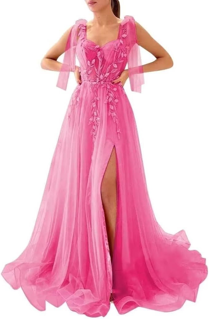 Appliques Tulle Lace Prom Dresses with Slit Spaghetti Straps Formal Evening Dress Sweetheart Ball Gowns
