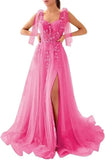 Appliques Tulle Lace Prom Dresses with Slit Spaghetti Straps Formal Evening Dress Sweetheart Ball Gowns