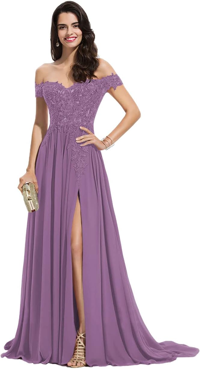 Women's Off The Shoulder Long Prom Dresses with Slit Lace Appliqued Chiffon Formal Party Gowns