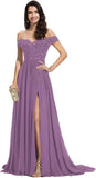 Women's Off The Shoulder Long Prom Dresses with Slit Lace Appliqued Chiffon Formal Party Gowns