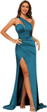Women's One Shoulder Prom Dress 2025 Satin Long Ruched Mermaid Formal Dresses with Slit