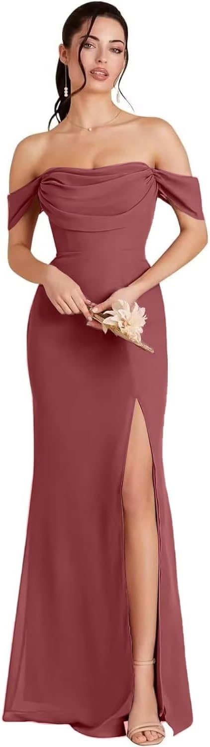 Kingbridal Gowns Off Shoulder Chiffon Bridesmaid Dresses for Women 2026 Long Ruched Cowl Neck Formal Evening Party Dress with Slit