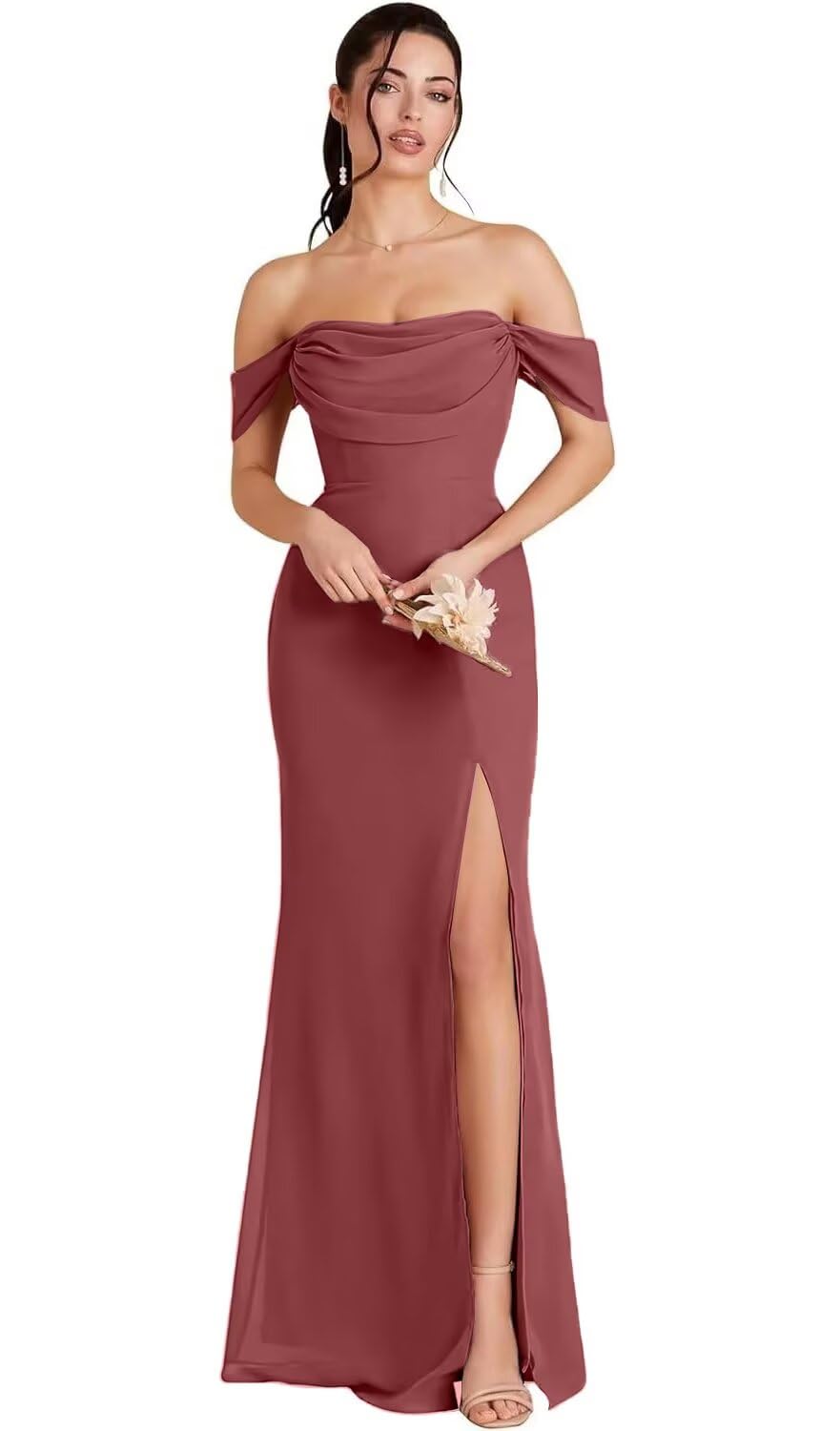 Kingbridal Gowns Off Shoulder Chiffon Bridesmaid Dresses for Women 2026 Long Ruched Cowl Neck Formal Evening Party Dress with Slit