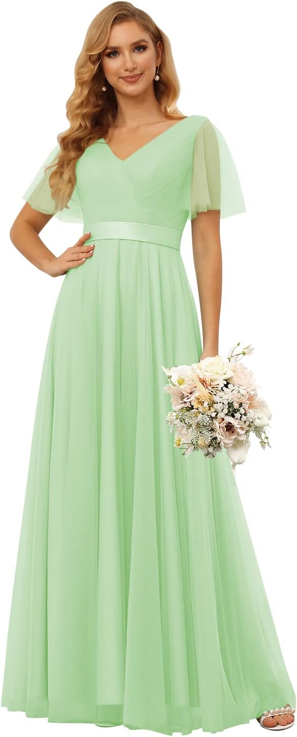 Damen Brautjungfernkleider mit Flatterärmeln, Tüll, lang, V-Ausschnitt, Empire-Taille, formelles Kleid 