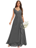 Chiffon Bridesmaid Dresses for Women Ruffles V Neck Flowy Long Formal Evening Dress with Bow