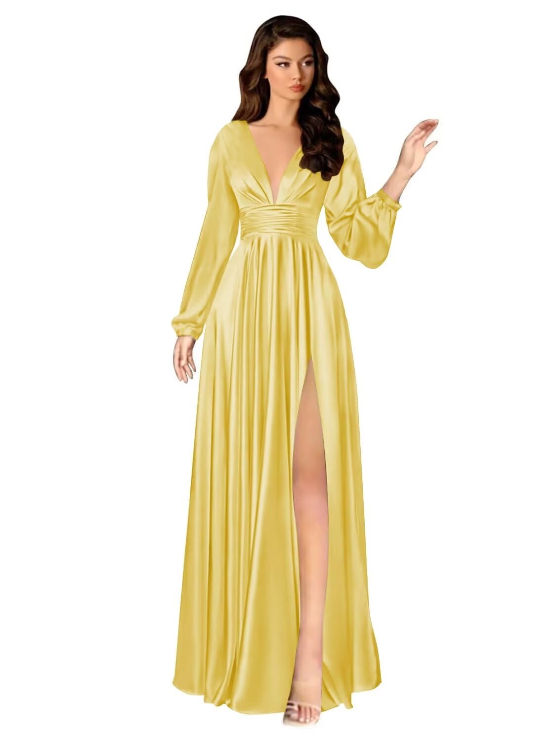 Kingbridal Gowns Long Sleeve Satin Bridesmaid Dresses for Women Long A-Line V-Neck Pleated Formal Evening Party Ball Gown with Slit