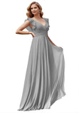 Women's V Neck Ruffle Chiffon Bridesmaid Dresses Long with Pockets Ruched Formal Dresses
