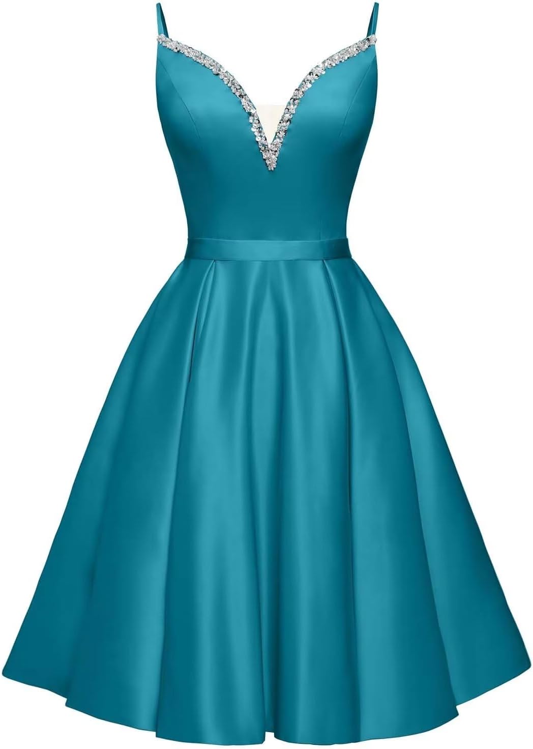 Spaghetti Straps Satin Homecoming Dresses for Teens V-Neck Short Prom Dress A-Line Beaded Cocktail Party Gowns