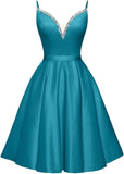 Spaghetti Straps Satin Homecoming Dresses for Teens V-Neck Short Prom Dress A-Line Beaded Cocktail Party Gowns