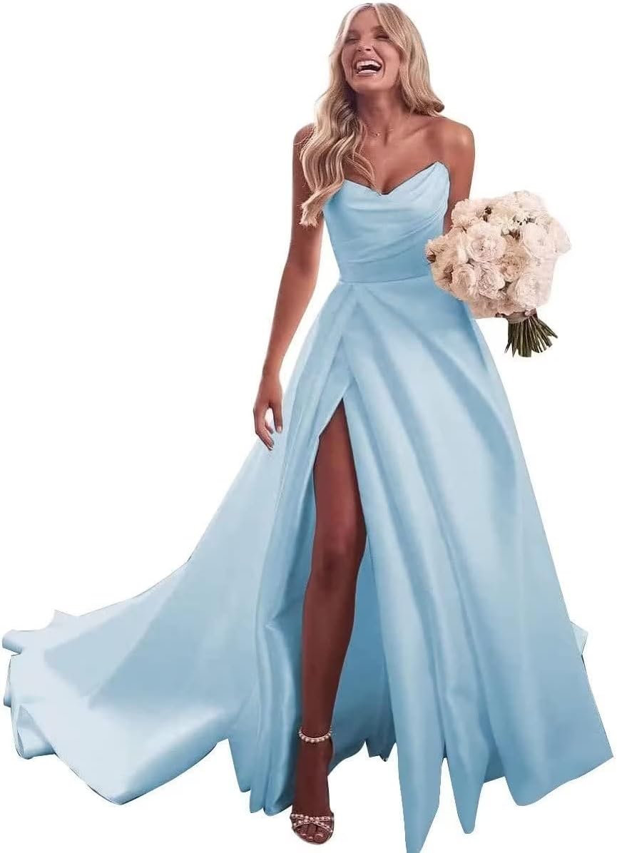 Trägerloses Ballkleid, langes Ballkleid, Satin-Brautkleid für die Braut, A-Linie, formelle Abendkleider mit Schlitz 