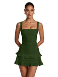 Spaghetti Straps Satin Homecoming Dresses for Teens 2026 Square Neck Tiered Ruffles Short Prom Dress