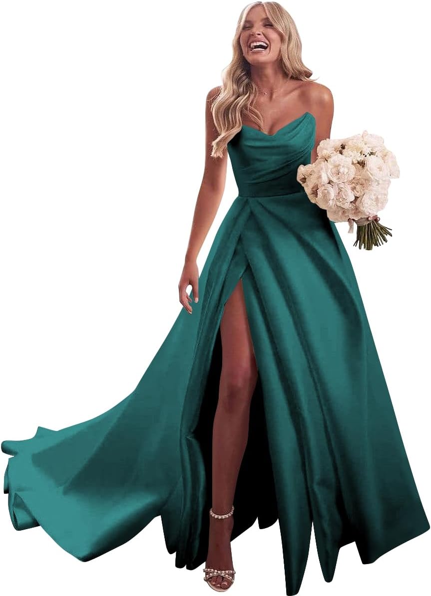 Strapless Satin Prom Wedding Dresses with Slit Long Pleats Formal Ball Bridal Gowns with Pockets