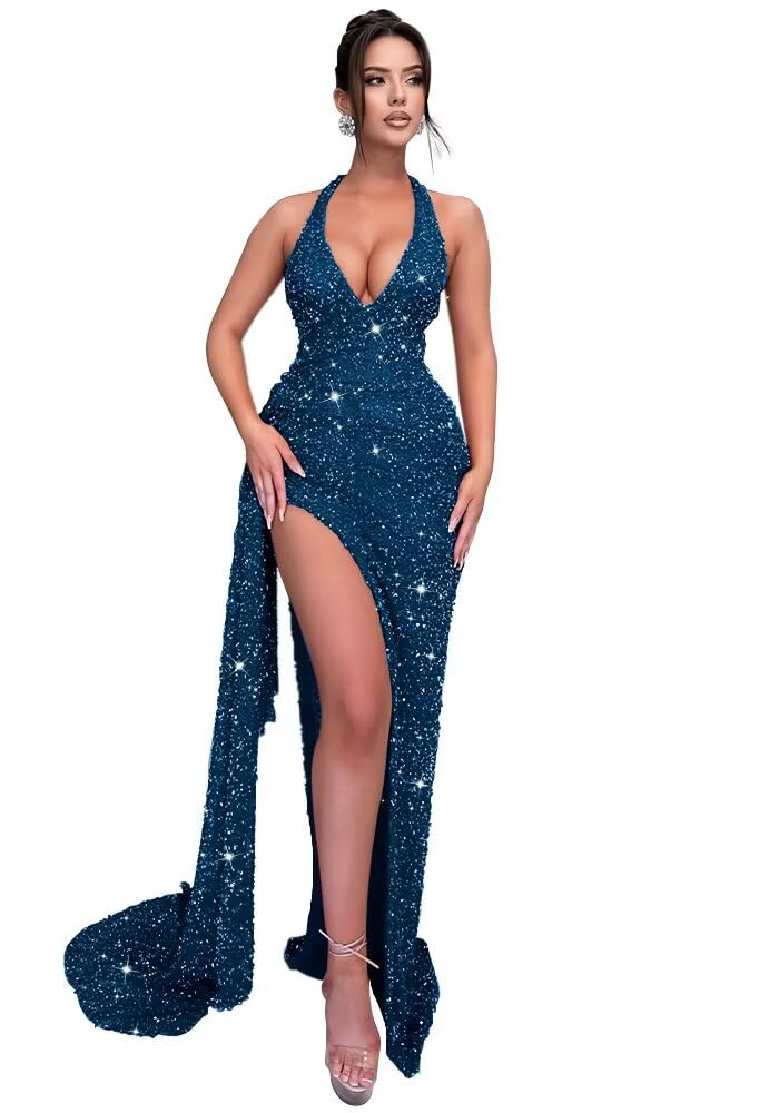 Sparkly Sequin Halter Prom Dresses for Women Mermaid Formal Dress with Slit Backless Ruched Evening Party Gowns