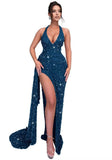 Sparkly Sequin Halter Prom Dresses for Women Mermaid Formal Dress with Slit Backless Ruched Evening Party Gowns