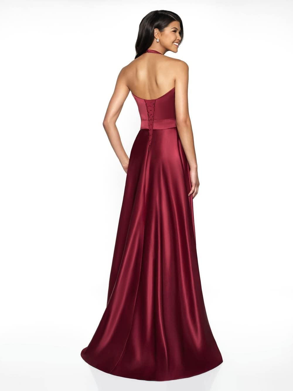 Womens Satin Prom Dresses Long with Slit Halter Evening Formal Gowns for Women with Pockets