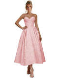 Jacquard Satin Prom Dresses for Women Strapless Tea Length Sweetheart Neck A-line Formal Party Dress with Pockets