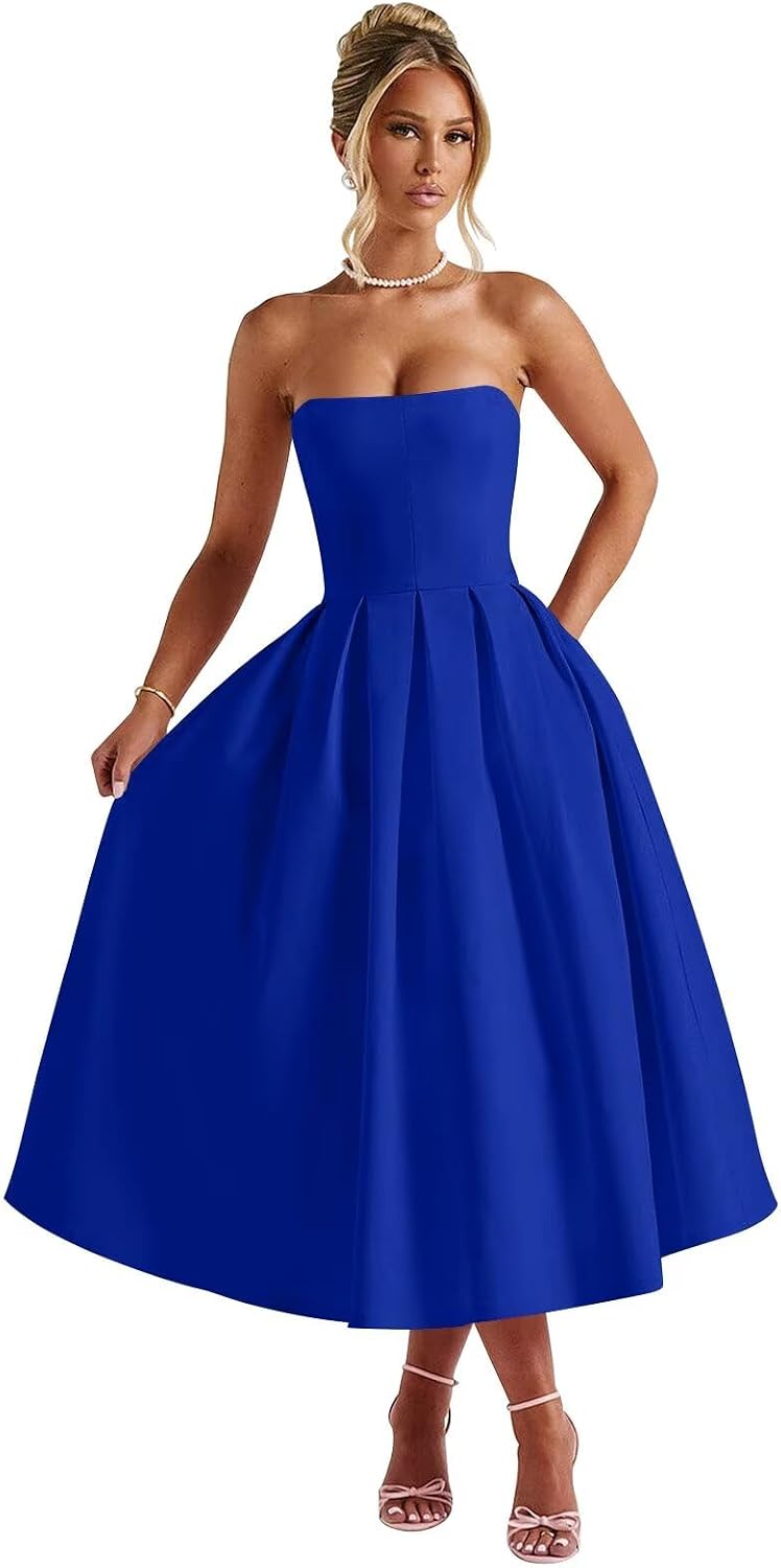 Strapless Satin Tea Length Prom Dresses for Women 2027 A-Line Corset Backless Cocktail Bridesmaid Dress with Pocket