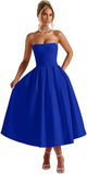 Strapless Satin Tea Length Prom Dresses for Women 2027 A-Line Corset Backless Cocktail Bridesmaid Dress with Pocket