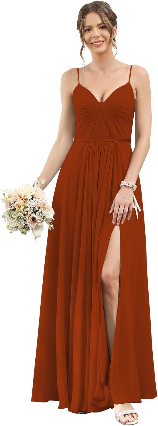 Vestidos de dama de honor largos con tirantes finos y bolsillos, plisados, formales, de noche, con abertura 