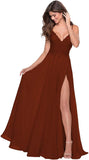 Women's Lace Appliqued Chiffon Prom Dresses Long with Slit Spaghetti Straps V Neck Formal Party Gowns