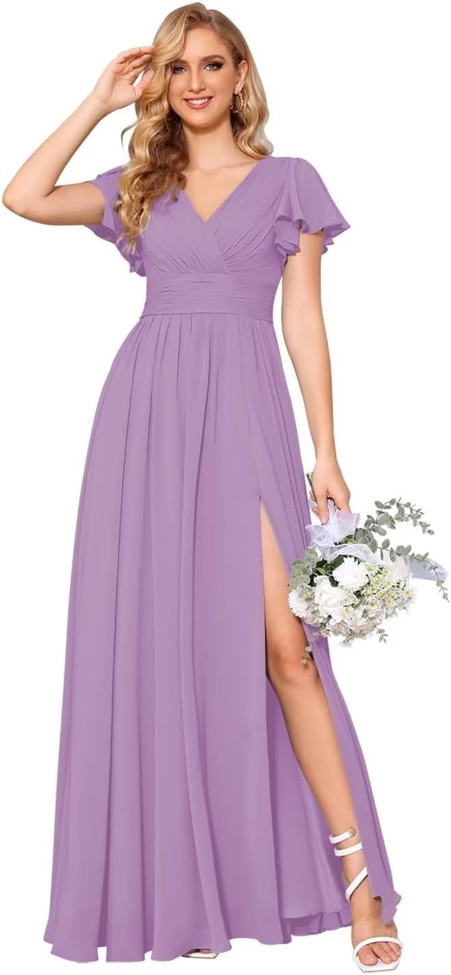 Flutter Sleeves Split Bridesmaid Dresses with Slit Long V Neck Empire Waist Formal Dress for Women Wedding