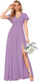 Flutter Sleeves Split Bridesmaid Dresses with Slit Long V Neck Empire Waist Formal Dress for Women Wedding