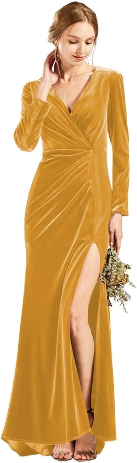 Langärmliges Brautjungfernkleid aus Samt mit Schlitz, V-Ausschnitt, Meerjungfrau-Stil, formelles Kleid für Damen