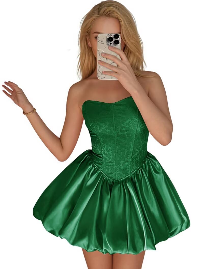 Strapless Satin Homecoming Dresses for Teens Jacquard Short Prom Dress A-line Cocktail Party Gowns with Pockets