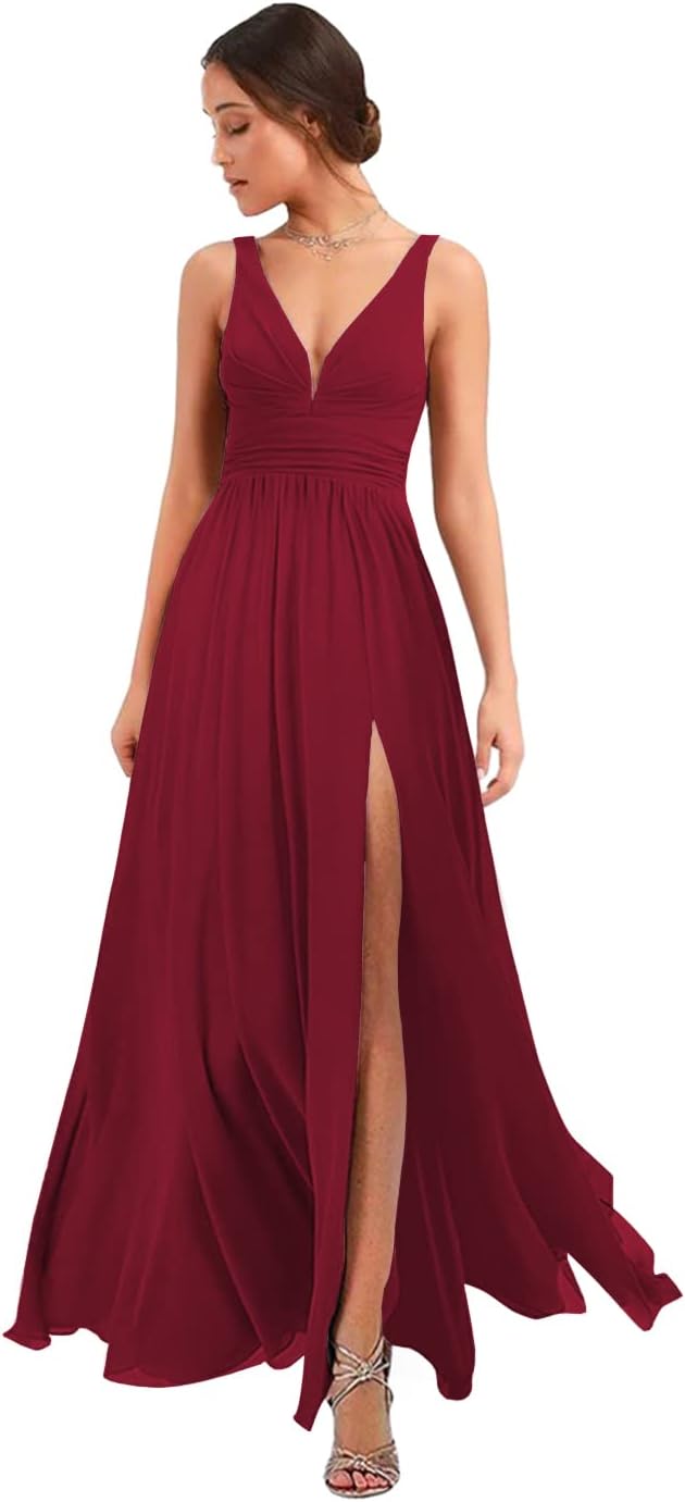 Women's Deep V Neck Bridesmaid Dresses with Slit Chiffon Pleats A Line Formal Party Dresses with Pockets