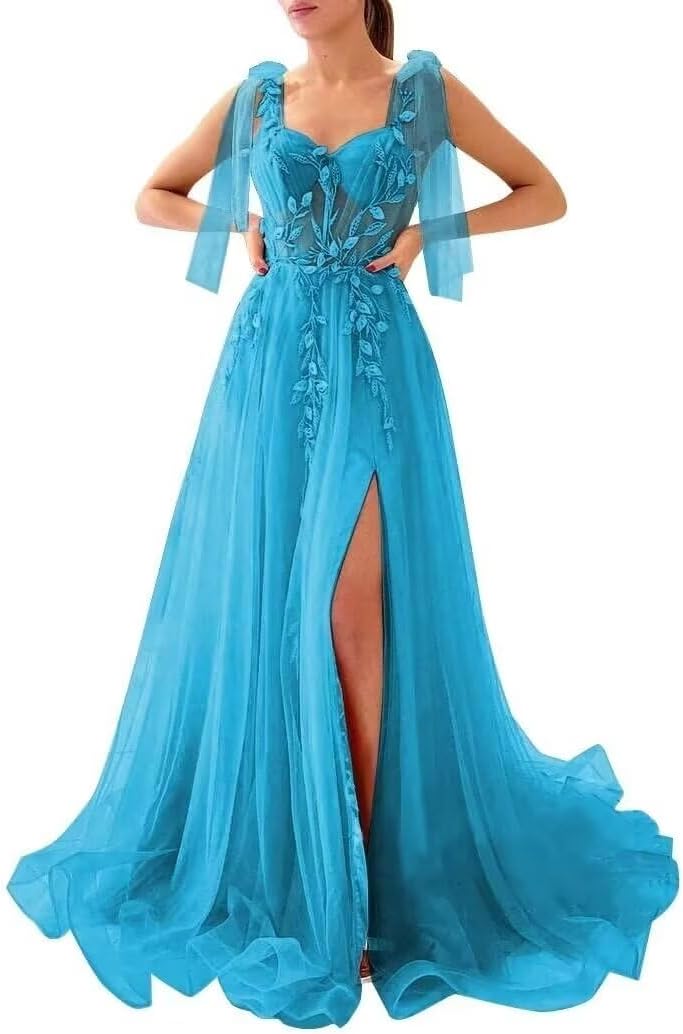 Appliques Tulle Lace Prom Dresses with Slit Spaghetti Straps Formal Evening Dress Sweetheart Ball Gowns
