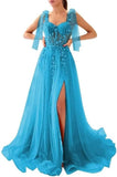 Appliques Tulle Lace Prom Dresses with Slit Spaghetti Straps Formal Evening Dress Sweetheart Ball Gowns