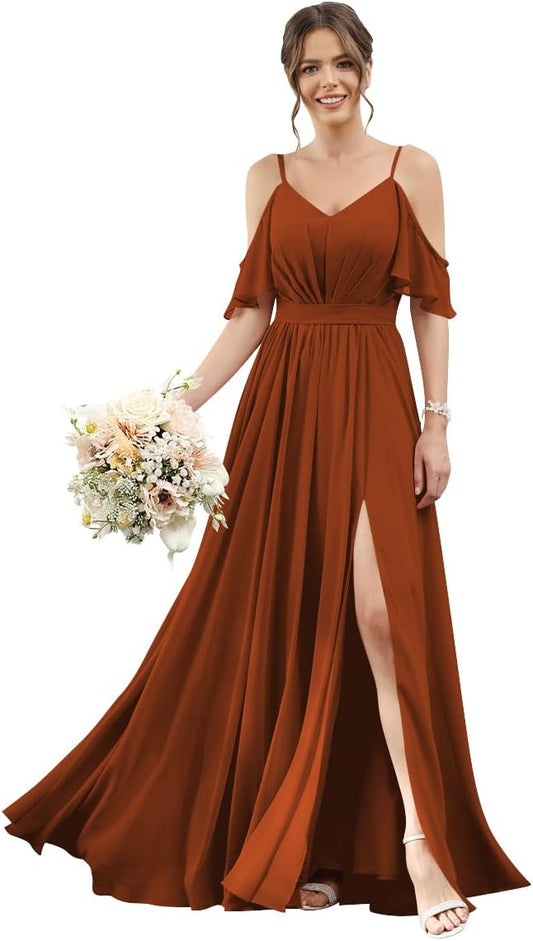 Women's Cold Shoulder Ruffle Sleeves Bridesmaid Dresses for Women 2025 Pleated Chiffon Formal Dresses with Slit