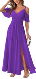 Women's Cold Shoulder Bridesmaid Dresses Long Summer Side Slit Chiffon Formal Evening Gown with Pockets