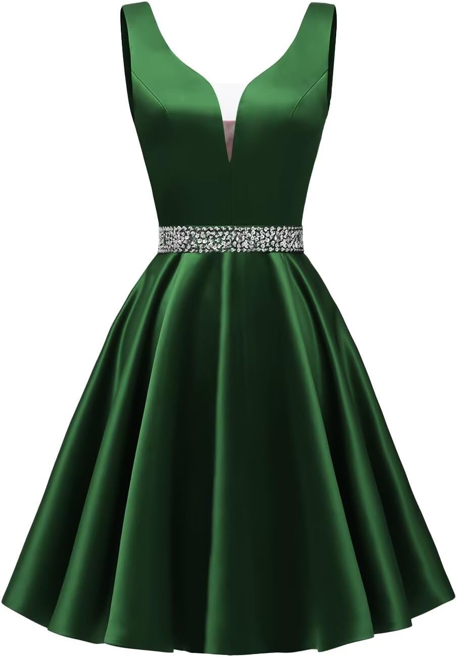 Satin Glitter Homecoming Dresses for Teens Short Prom Dress V-Neck Beaded Evening Formal Cocktail Party Gowns
