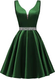 Satin Glitter Homecoming Dresses for Teens Short Prom Dress V-Neck Beaded Evening Formal Cocktail Party Gowns