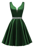 Satin Glitter Homecoming Dresses for Teens Short Prom Dress V-Neck Beaded Evening Formal Cocktail Party Gowns