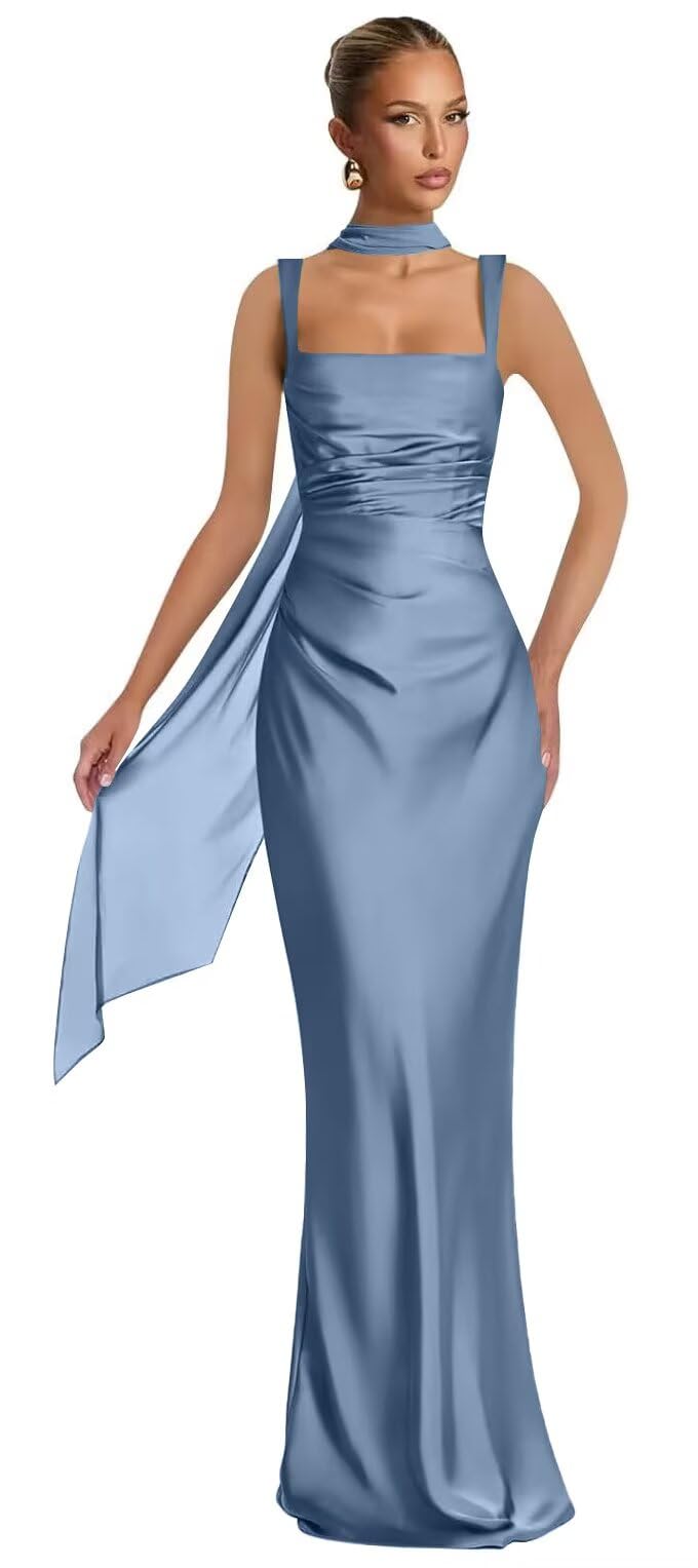 Mermaid Bridesmaid Dresses with Scarf 2027 Long Satin Spaghetti Straps Ruched Formal Evening Party Dress for Women