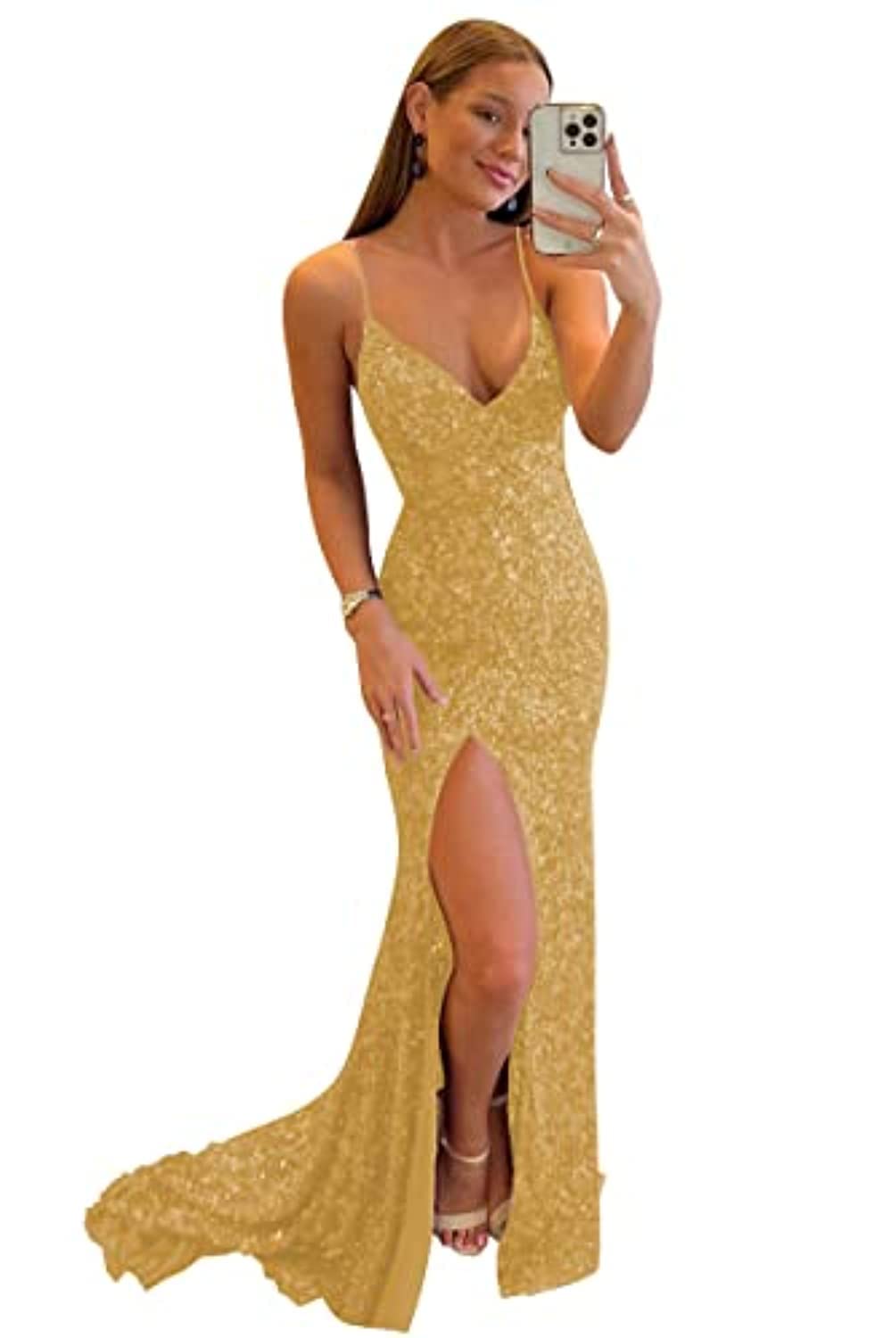 Women's Spaghetti Straps Sequin Prom Dresses Mermaid Sleeveless Double V-Neck Sparkle Evening Dress with Slit