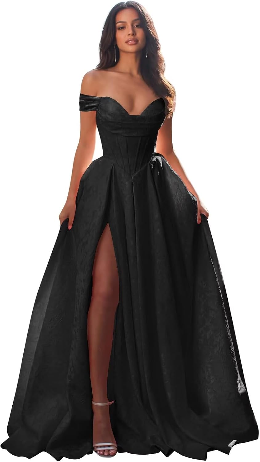 Jacquard Satin Prom Dresses Off the Shoulder Corset A Line Long Formal Gown Sweetheart Neck Party Dress with Slit