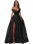Jacquard Satin Prom Dresses Off the Shoulder Corset A Line Long Formal Gown Sweetheart Neck Party Dress with Slit