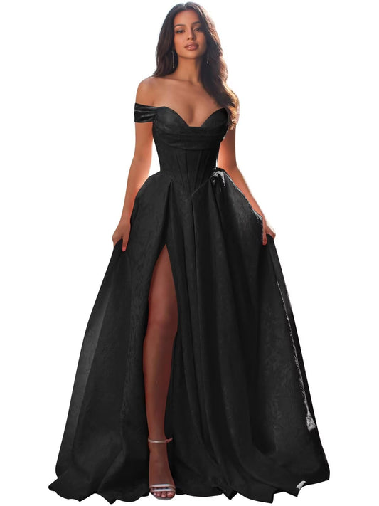 Jacquard Satin Prom Dresses Off the Shoulder Corset A Line Long Formal Gown Sweetheart Neck Party Dress with Slit