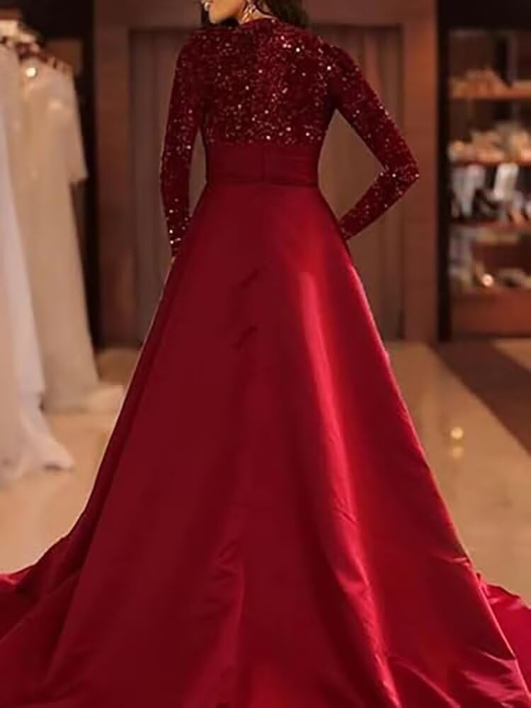 Kingbridal Gowns Long Sleeve Sequin Prom Dresses for Women Satin A-line Formal Dress 2026 Sparkly Evening Party Gowns with Pockets