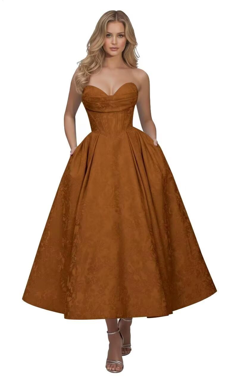 Strapless Floral Satin Prom Dresses for Women 2026 Jacquard Aline Formal Evening Party Dress with Pockets