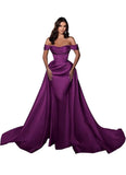 Mermaid Satin Prom Dresses for Women 2027 Long Off Shoulder Ruched Corset Formal Evening Dress Detachable Train